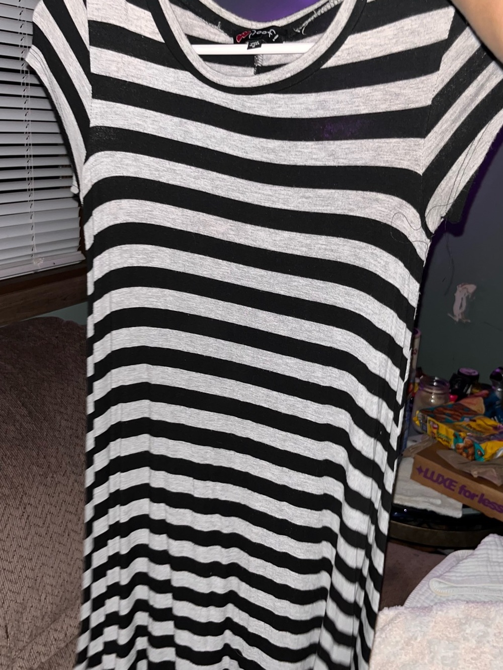 Striped Short-Sleeve Swing Dress - Black & White